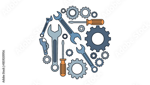 Assortment of tools and gears arranged in a circular pattern, representing mechanical engineering and repair.