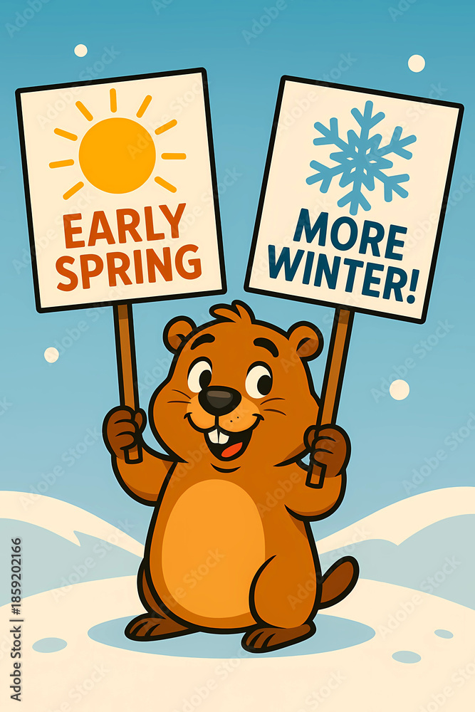 Naklejka premium The groundhog holds two large clear signs in a festive pose. One of the signs depicts the sun and the inscription 