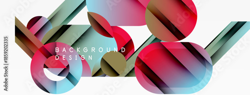Abstract geometric shapes overlap, creating vibrant colorful background. Modern design utilizes gradients, lines, circles.