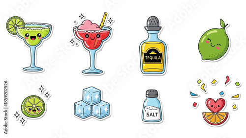A collection of cute, kawaii-style illustrations featuring margarita ingredients and related festive elements.