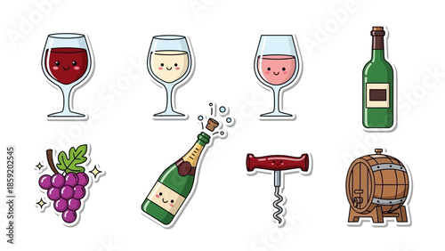 Adorable collection of wine and champagne themed stickers featuring glasses, bottles, grapes, corkscrew, and barrel in a cute cartoon style.
