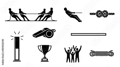 Collection of black and white icons representing sports and competition, including tug of war, a whistle, a trophy, and cheering people.