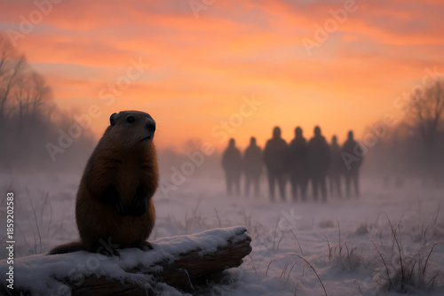 A lonely groundhog standing on a snow-covered log in a frozen meadow. Behind him, a small crowd of people with silhouettes (blurred and not detailed) is waiting and watching.