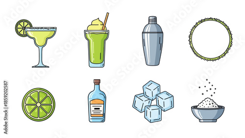 A collection of icons representing ingredients and tools for making margaritas, including glasses, lime, tequila, ice, and salt.
