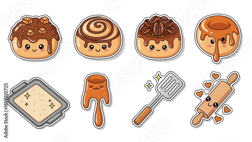 Adorable kawaii-style cinnamon rolls with various toppings and baking utensils like a tray, spatula, and rolling pin, presented as a sticker set.