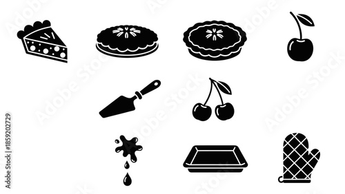 A collection of black silhouette icons representing various baking and pie-making elements and ingredients.