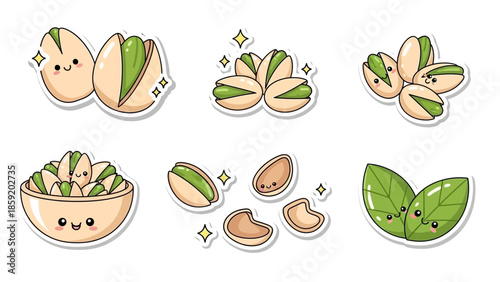 Cute cartoon pistachio nuts and shells with smiling faces, including a bowl of pistachios and green leaves, presented as a sticker set.
