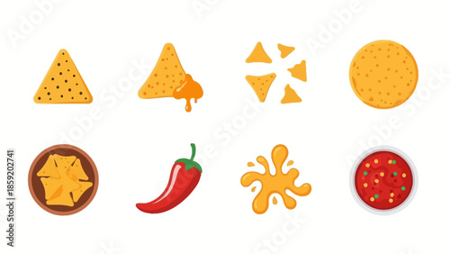 A collection of nacho-related elements including tortilla chips, melted cheese, a chili pepper, a bowl of salsa, and a cheese splash on a white background.