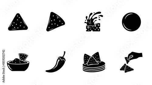 Set of black and white icons depicting various elements of nachos, including chips, dips, chili, and serving suggestions.