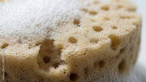 Close-up of a natural sponge with frothy bubbles near a rustic bar of olive soap, highlighting texture and cleanliness in a bright, minimalist setting