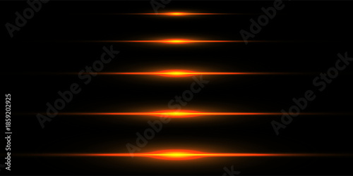 Gold horizontal lensflare. Light flash with rays or gold spotlight and bokeh. Yellow glow flare light effect. Vector illustration