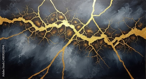 Abstract painting with gold veins on dark background artistic design