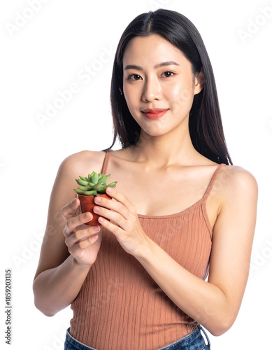 Portrait Woman Holding Succulent Plant Transparent Background