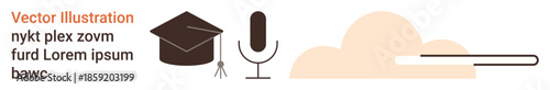 Education, audio recording, online learning, cloud storage, podcasting, data sharing. A graduation cap, microphone cloud and progress bar. Education and audio recording concepts visually