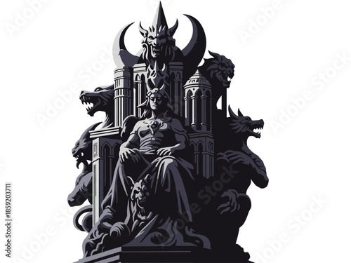 Dark throne statue with intricate details of a powerful king.