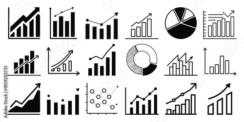 Collection of black and white bar charts line graphs and pie charts showing upward trends