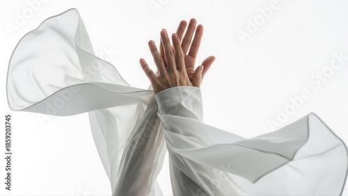 Girl gracefully dancing with outstretched arms in oversized white sweater, fabric flowing elegantly against a minimalist white background