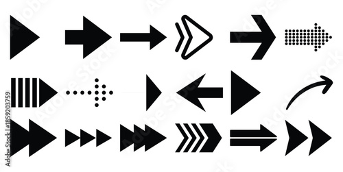 Collection of black directional arrows in various styles and symbol sign