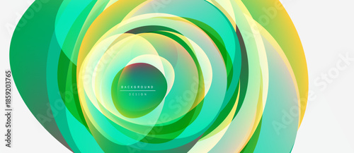 Abstract swirling shapes, vibrant greens, yellows create dynamic circular design. Modern background element, smooth gradients present.