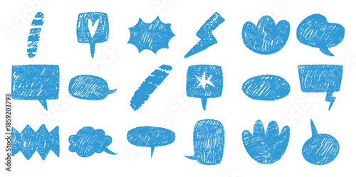 Collection of blue crayon textured speech bubbles and shapes white talk conversation