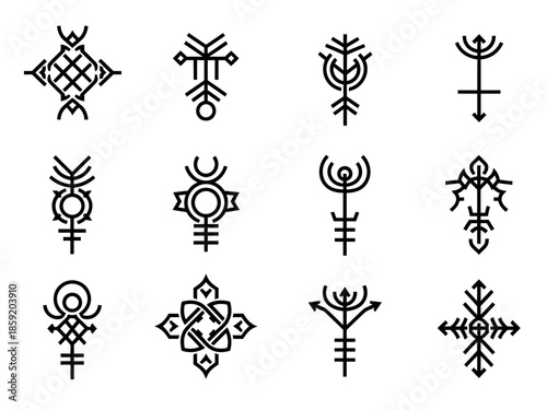 Set of twelve unique mystical symbols and ancient magical signs.