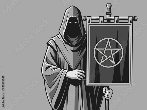 Mysterious robed figure holding a banner with a pentagram symbol.