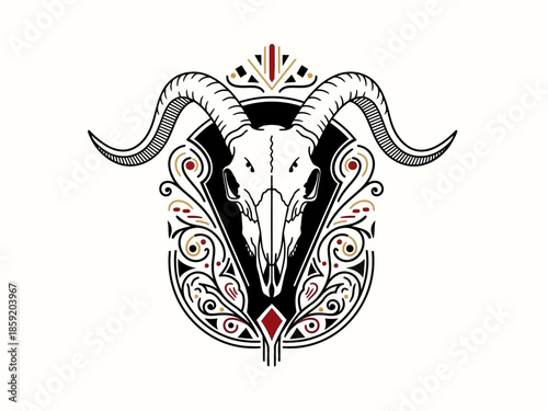 Ornate goat skull illustration with decorative flourishes and horns.