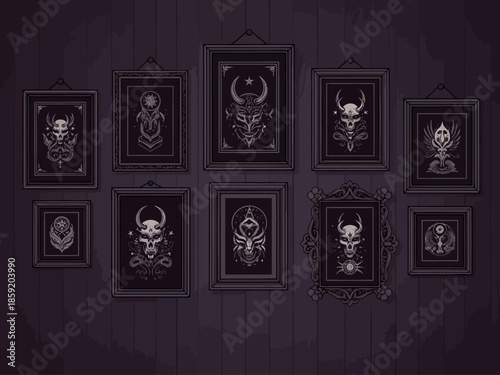 Collection of framed dark fantasy skull and creature artworks.