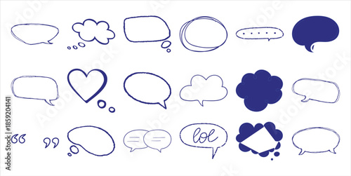 Collection of Hand Drawn Blue Ink Speech and Thought Bubbles with Various Shapes and a Heart