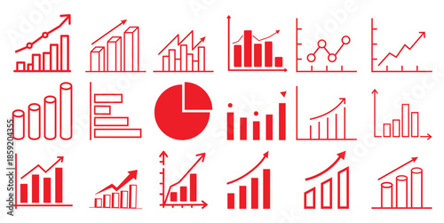 Collection of red line graphs and bar charts illustrating upward trends
