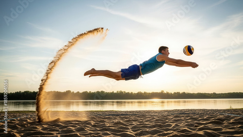 Dynamic group playing beach volleyball on a sandy riverbank with a sunset backdrop, capturing an athlete diving for the ball in mid-air