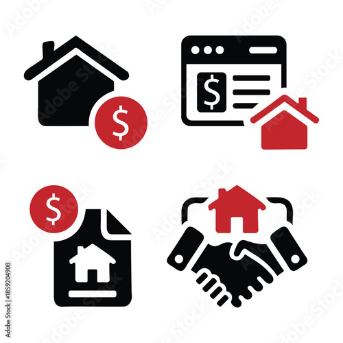 House for sale and home for rent icons. Buy property, online listing and lease agreement vector symbols.