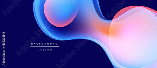 Abstract fluid shapes overlap, creating vibrant color gradients. Blue, orange, pink hues dominate dark background. Modern design element.