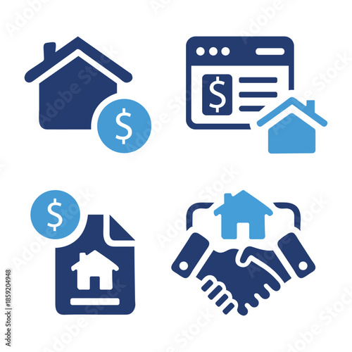 House for sale and home for rent icons. Buy property, online listing and lease agreement vector symbols.