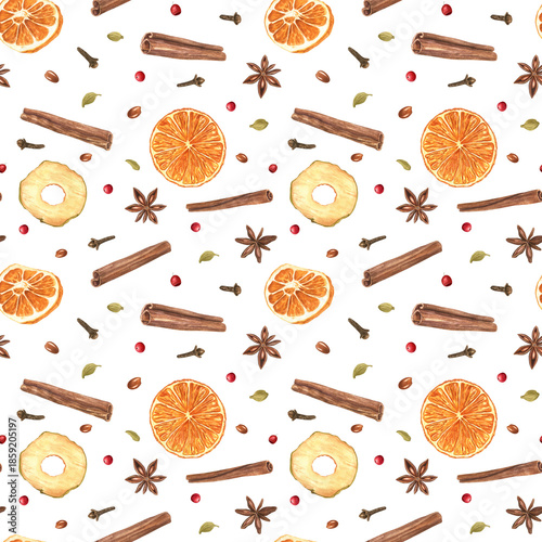 Photos Aromatic cinnamon sticks, anise stars, cloves, apple and orange slices watercolor isolated seamless pattern