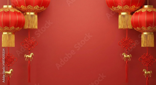 Red chinese lanterns with golden accents and horse ornaments on a red background for festive decoration