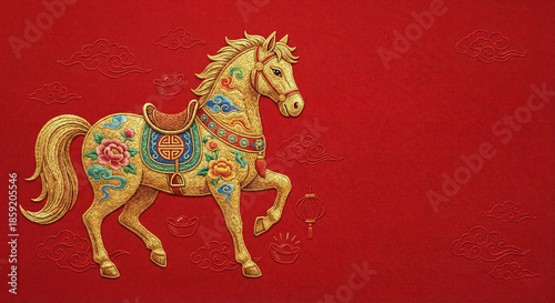 Golden horse with colorful floral patterns and saddle on red background, symbolizing good fortune and prosperity in chinese culture, for design and decoration