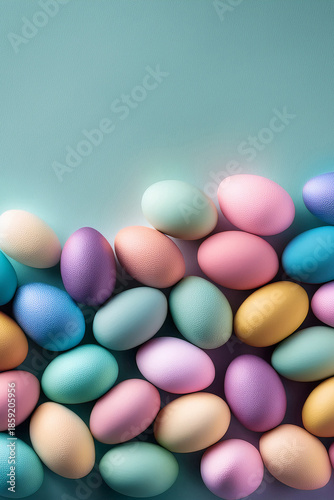 Pile of colourful hand painted easter eggs in pastel shades of pink, blue, purple, yellow & pale green with a turquoise background.