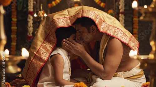 Father Blesses Son Under Sacred Golden Cloth With Red Trim During Religious Ceremony With Oil Lamps Lit In Dark Temple With Flower Garland Decorations