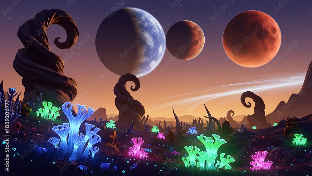 Fototapeta premium alien planet landscape with bizarre twisted rock formations and bioluminescent plants