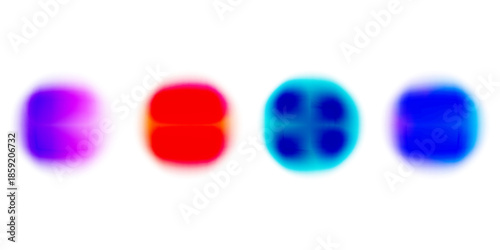 Set gradient round blur shape. Gradation color mesh noise texture on white background. Green, blue fluid aura, water splash, abstract blob watercolor effect. Vector translucent illustration
