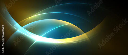 Abstract design features curved lines, vibrant colors. Golden, teal hues create luminous effect against dark background. Modern, dynamic composition.