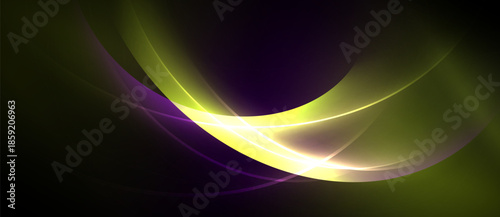 Abstract design features flowing curves, vibrant colors. Yellow light radiates from center, contrasting dark background. Smooth gradients create dynamic visual effect.