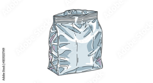 Crumpled foil pouch with a reflective surface isolated on a white background, showcasing texture and light play