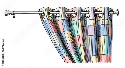 Colorful patchwork eyelet curtain hanging on rod, isolated against white background, showcasing vibrant geometric patterns and metal grommets