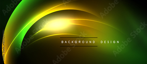 Abstract neon lines create dynamic glow. Bright yellow center transitions to green hues. Dark background emphasizes luminosity, modern design element.