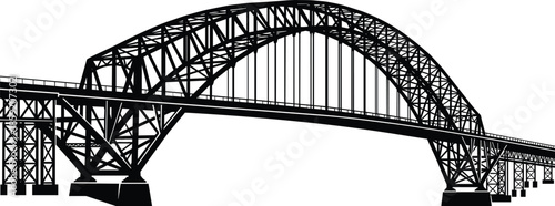 Steel arch bridge silhouette illustration featuring detailed truss structure, black vector design for architecture, infrastructure, engineering, and transportation projects