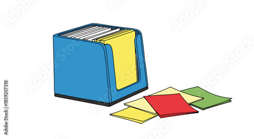 Colorful memo cube holder isolated on white background with scattered red, yellow, and green notes creating an organized and vibrant workspace scene