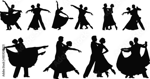 Ballroom dancing silhouettes featuring couples in elegant poses, ballroom dance vector set for wedding invitations, romantic event design and formal dance performance projects,