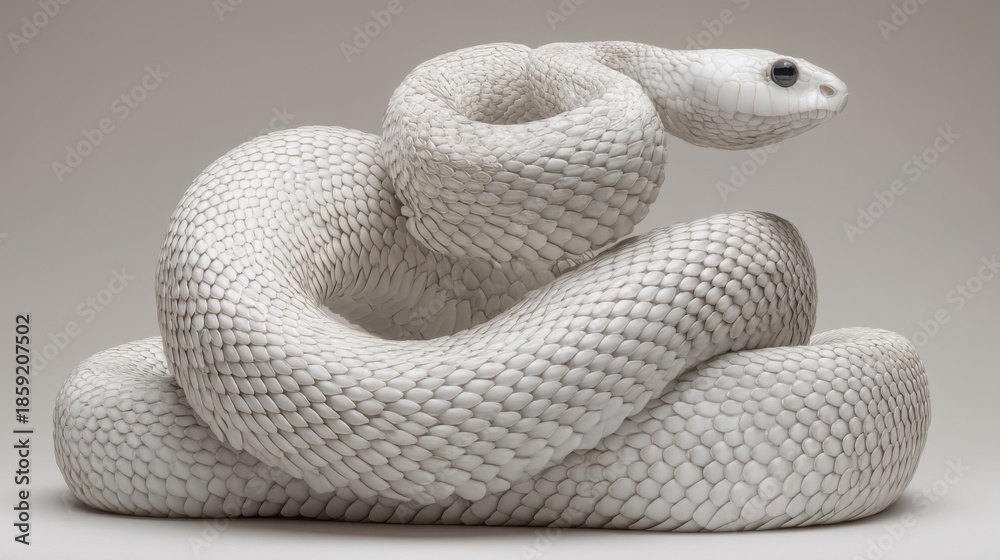 Fototapeta premium A white scaled snake coils elegantly with smooth texture and uniform coloration,
